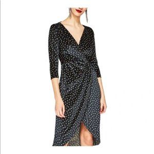 Zara dark green polka dot velvet long sleeve dress - L